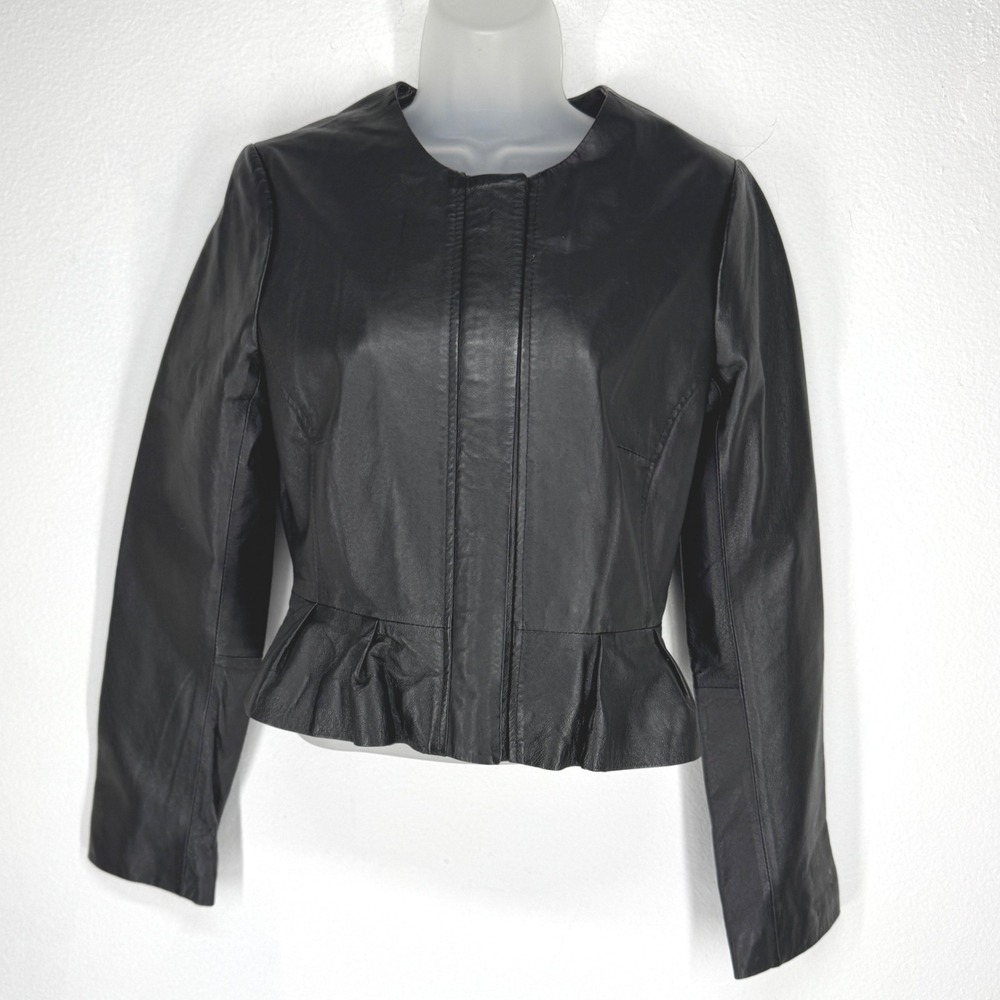 BB Dakota Black Genuine Leather Peplum Zip Jacket Moto Women Small Pleated Waist